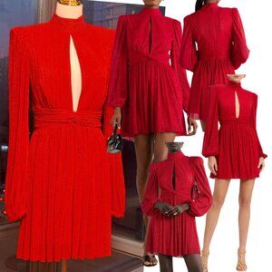 🆕 REBECCA VALLANCE 🧿 NWOT Samantha Cutout Metallic PlisseTulle Mini, Red, Sz 4